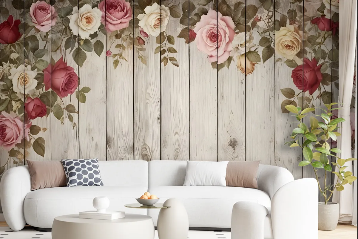 Vintage Floral With Wood Wall Wallpaper Mural