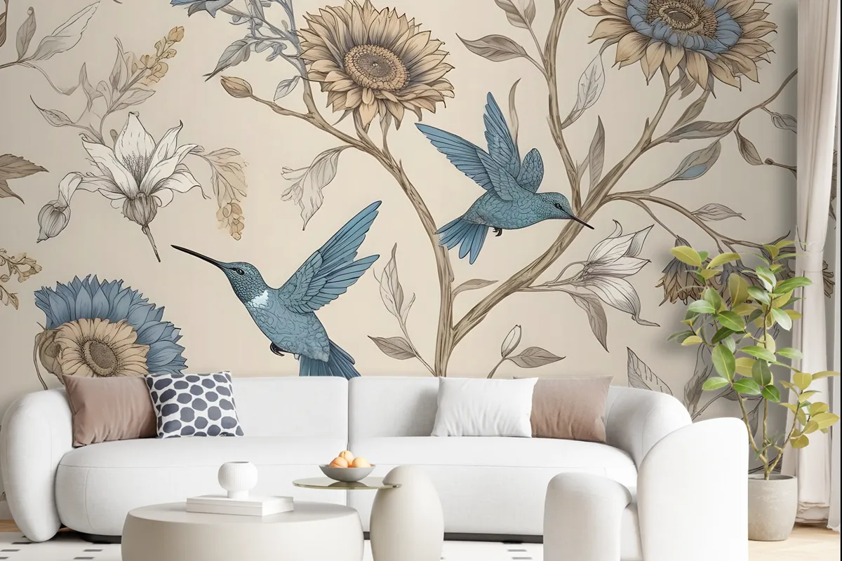 Vintage Flower With Hummingbird Wallpaper Mural