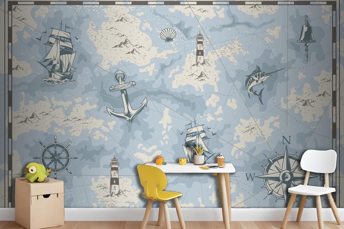 Vintage Nautical Old Map Wallpaper Mural