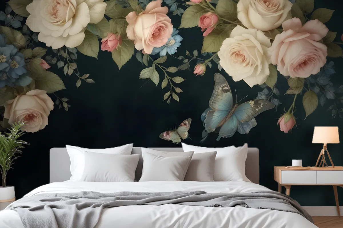 Vintage Oil Painting Dark Roses Wallpaper Mural