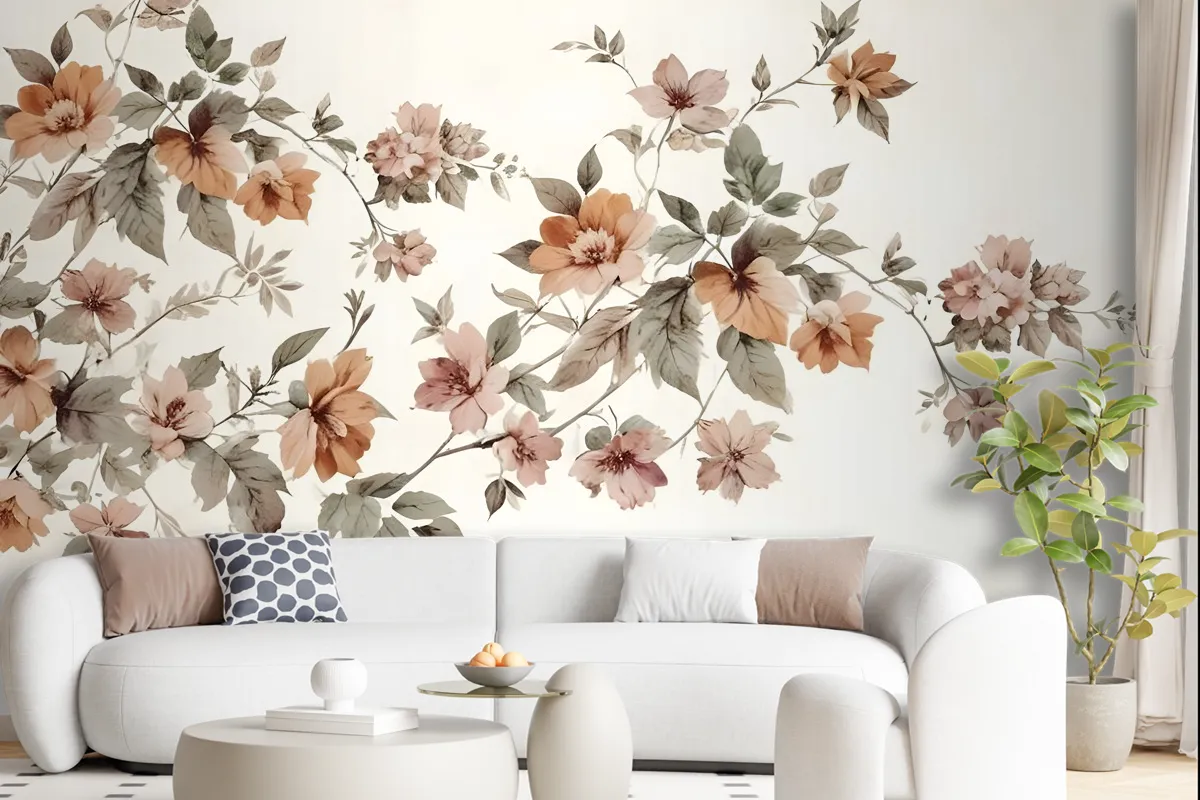 Vintage Orange Brown Flowers Wallpaper Mural