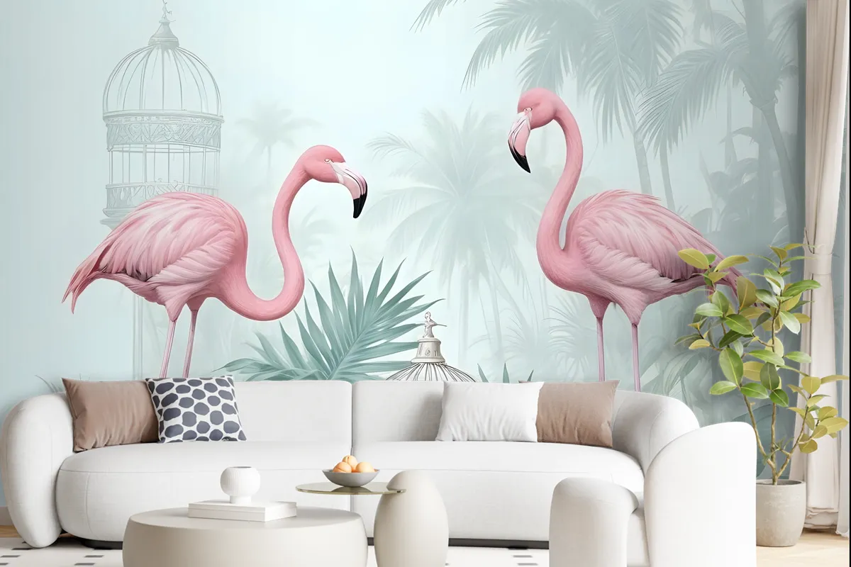 Vintage Pink Flamingo With Tropical Leaves Wallpaper Mural