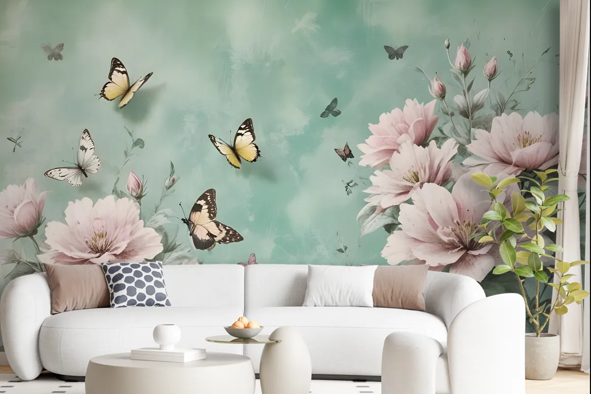 Vintage Pink Floral And Yellow Butterfly Wallpaper Mural