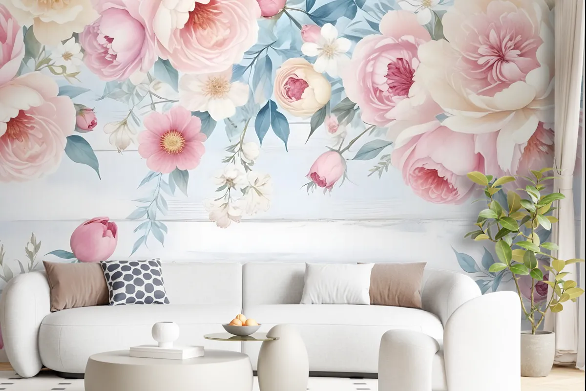 Vintage Watercolor Pink Flowers Wallpaper Mural