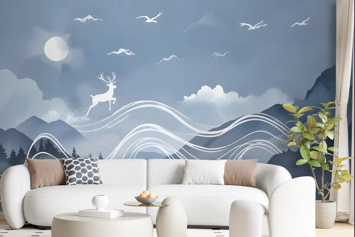 Watercolor Abstract Lines And Horned Deer Wallpaper Mural