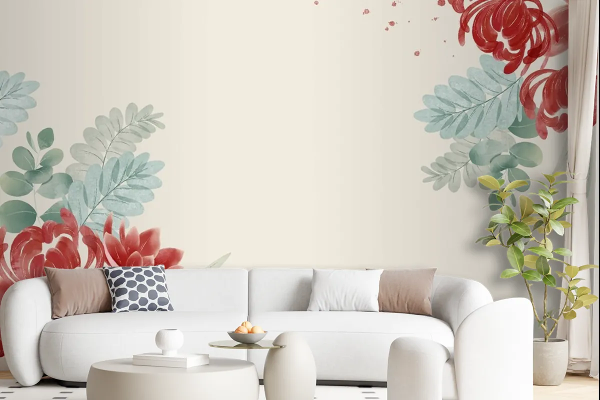 Watercolor Asian Flowers Wallpaper Mural