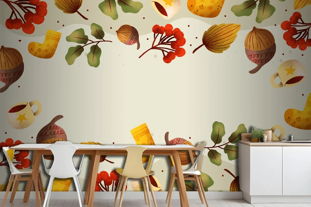 Watercolor Autumn Kitchen Wallpaper Mural