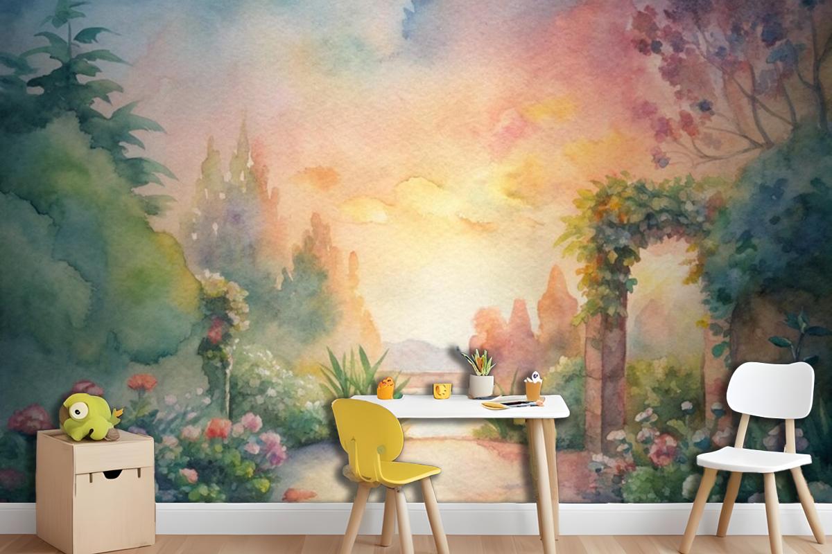 Watercolor Background Featuring A Flower Garden Wallpaper Mural