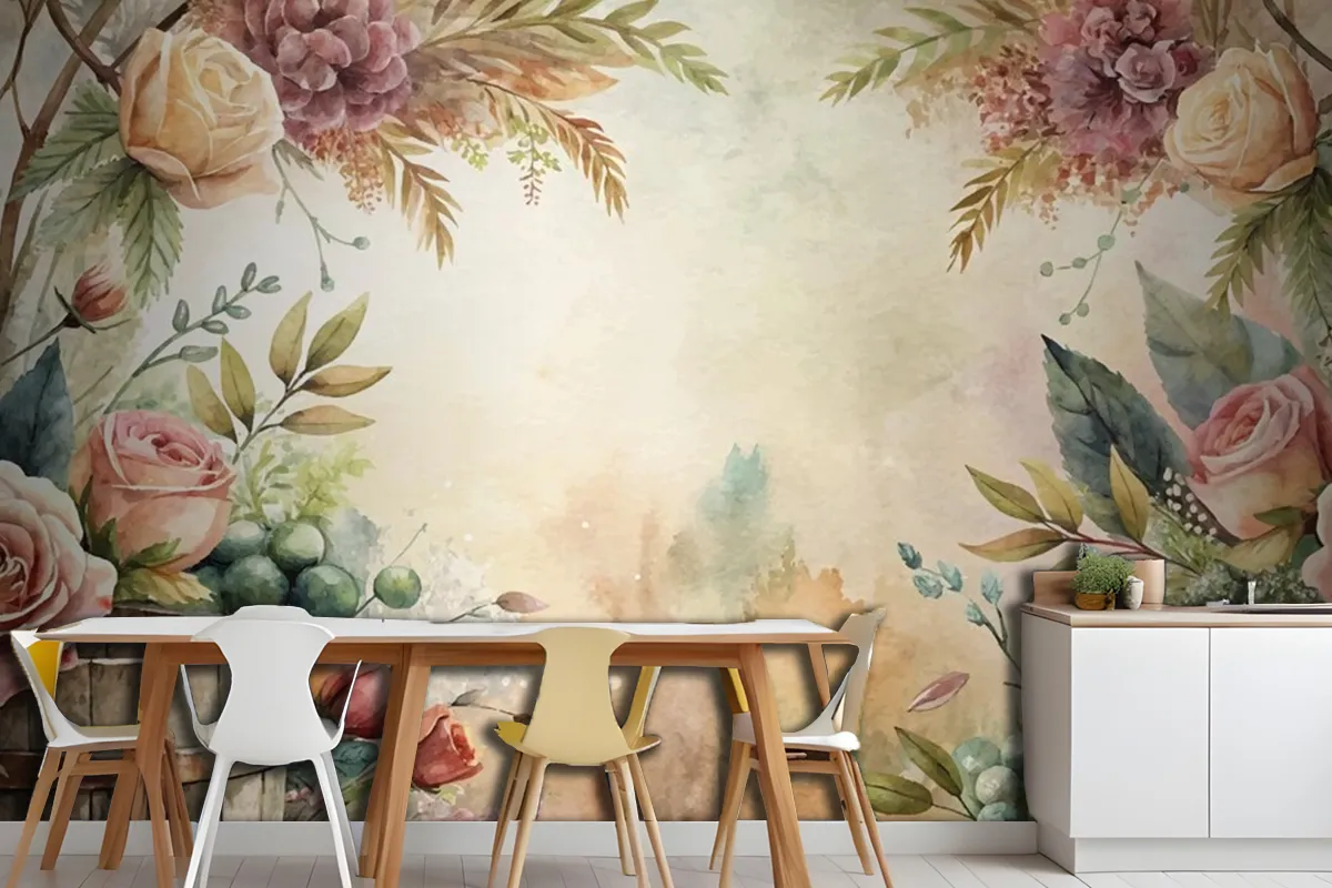 Watercolor Background Featuring An Arrangement Of Rural Flowers Wallpaper Mural