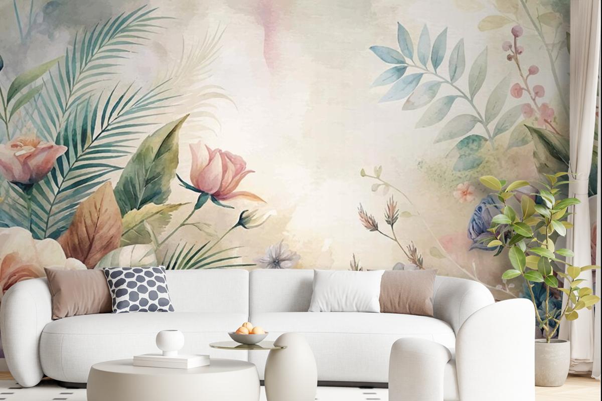 Watercolor Background Featuring Beautiful Flowers Wallpaper Mural