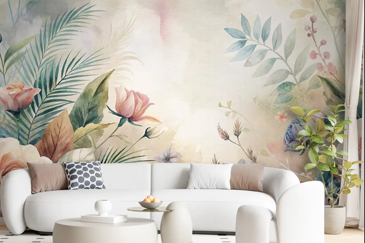 Watercolor Background Featuring Beautiful Flowers Wallpaper Mural