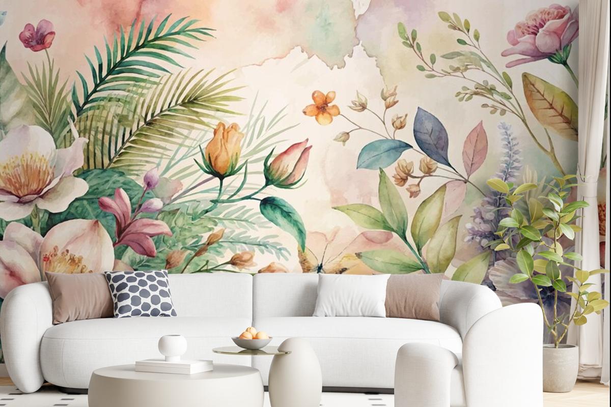 Watercolor Background Featuring Flowers And Lush Plants Wallpaper Mural