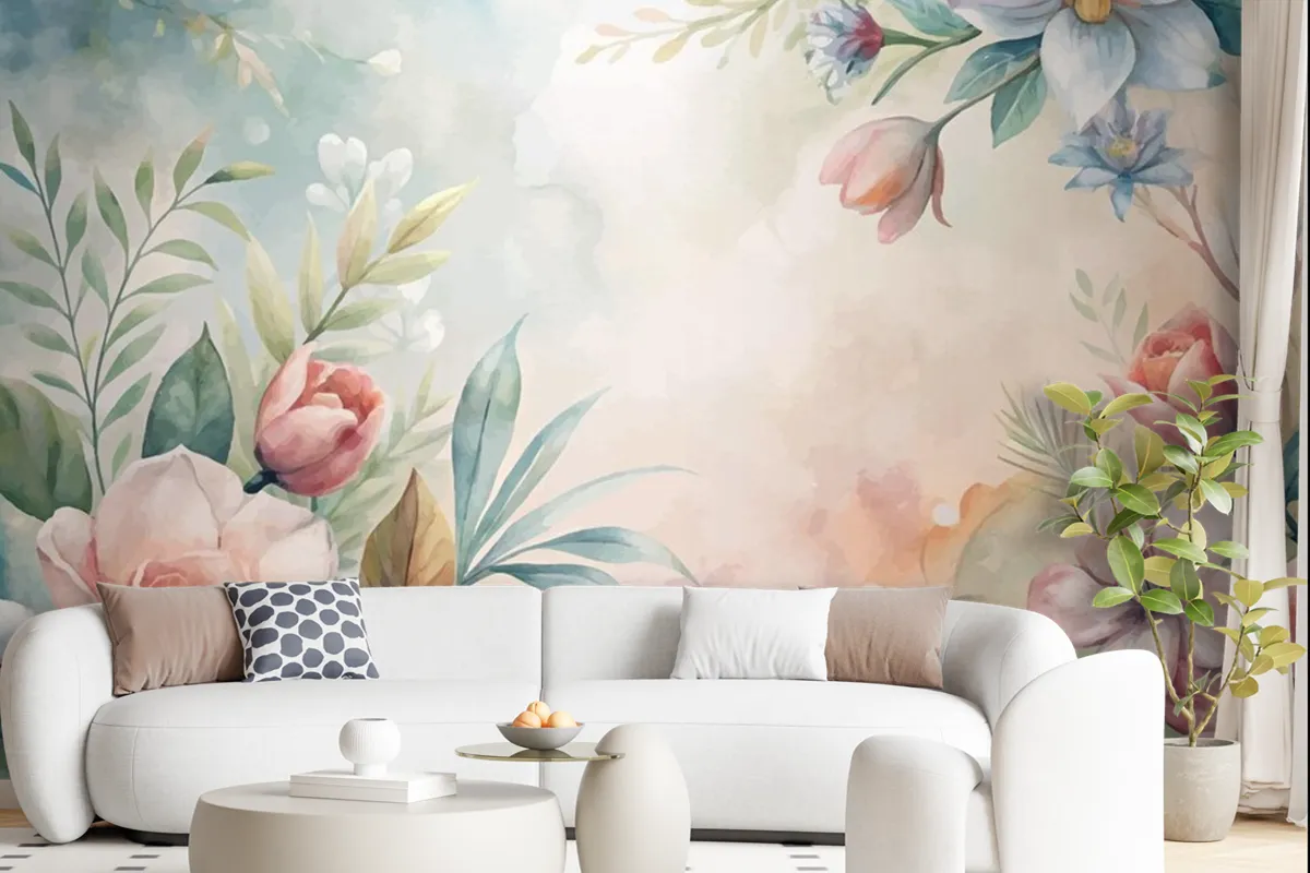 Watercolor Background Of Lush Flowers And Leaves Wallpaper Mural