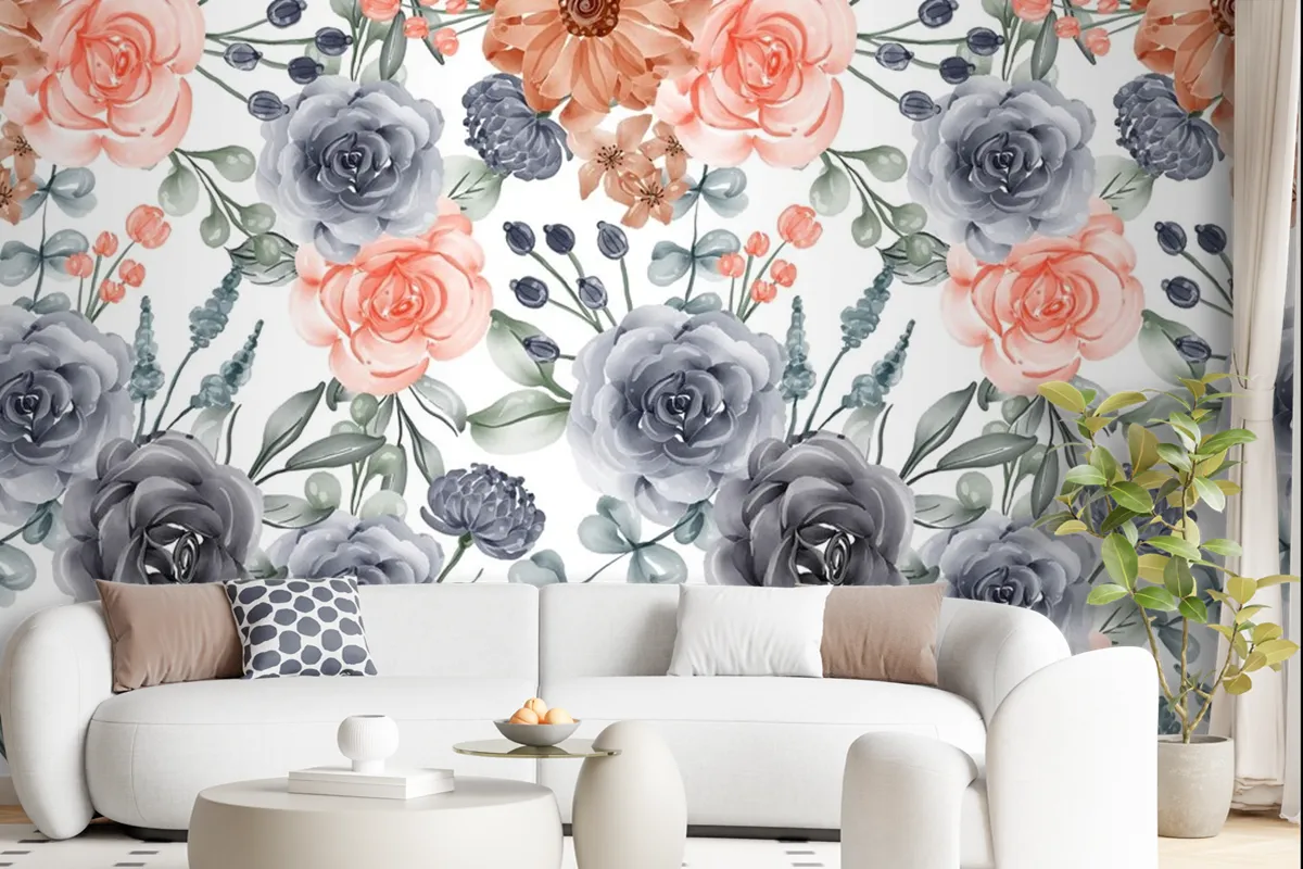 Watercolor Background Seamless Pattern Flower Navy And Peach Wallpaper Mural