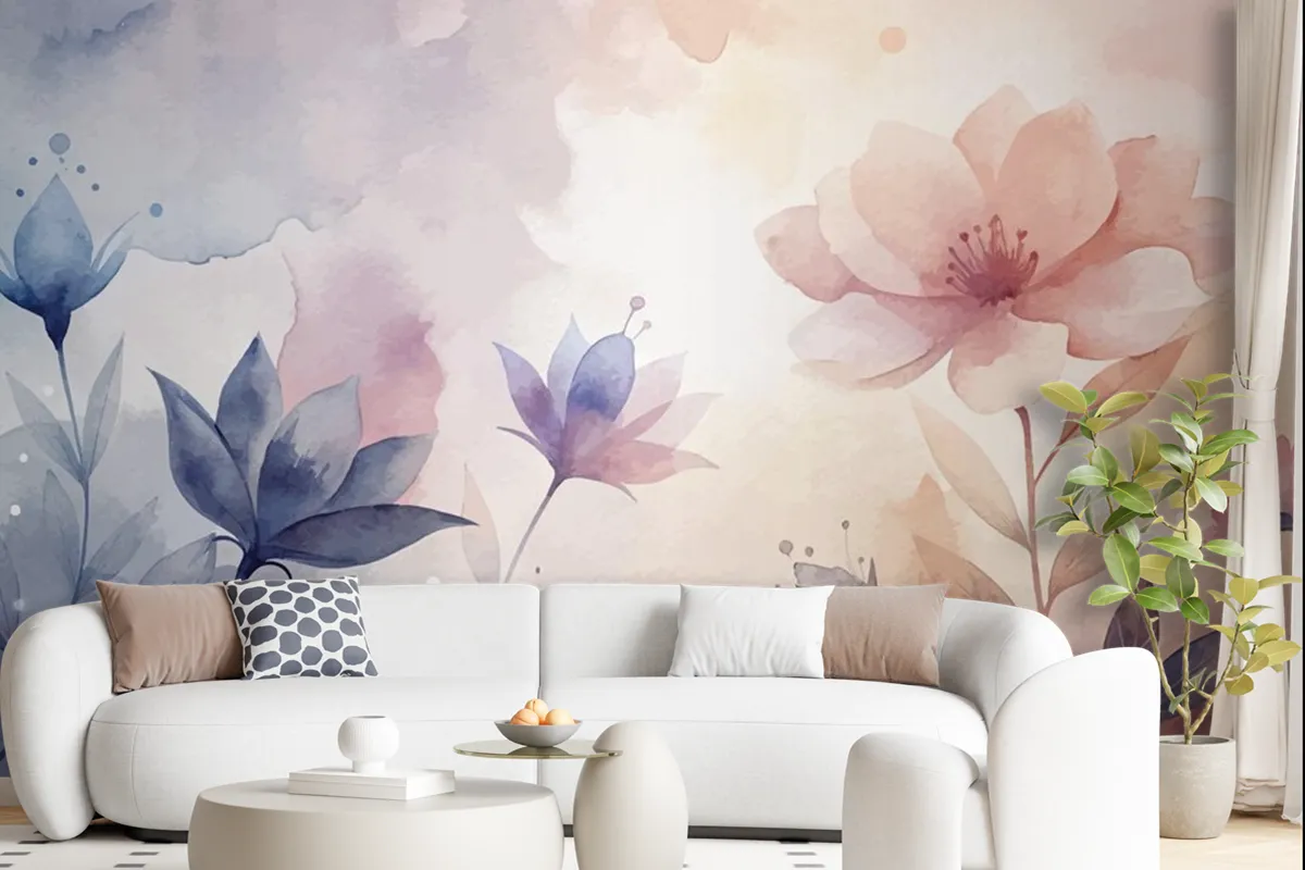 Watercolor Background With Minimalist Soft Silhouette Flowers Wallpaper Mural