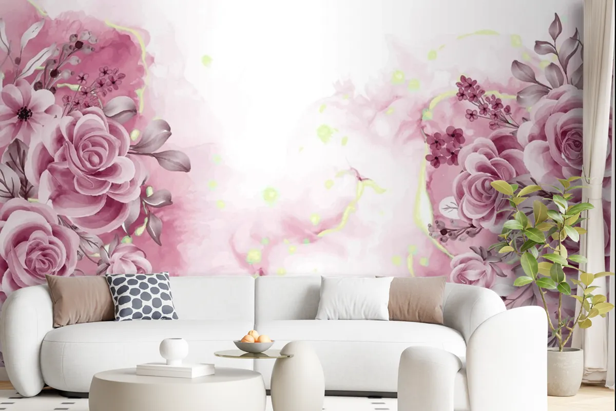 Watercolor Background With Rose Gold Flowers And Leaves Wallpaper Mural