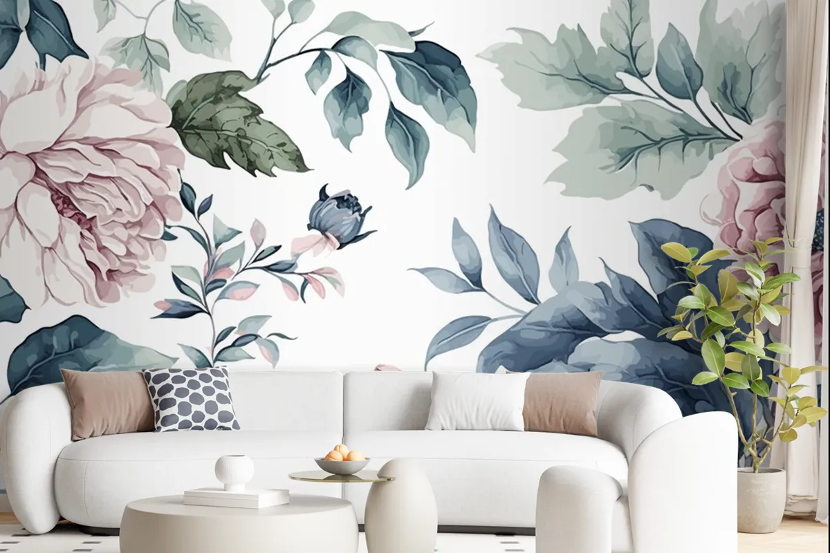 Watercolor Blue And Pink Floral Pattern Wallpaper Mural