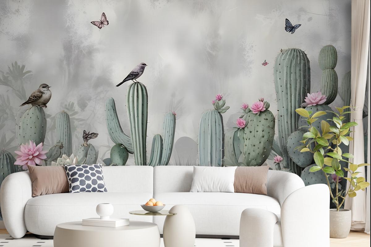 Watercolor Cactus With Flowers Wallpaper Mural