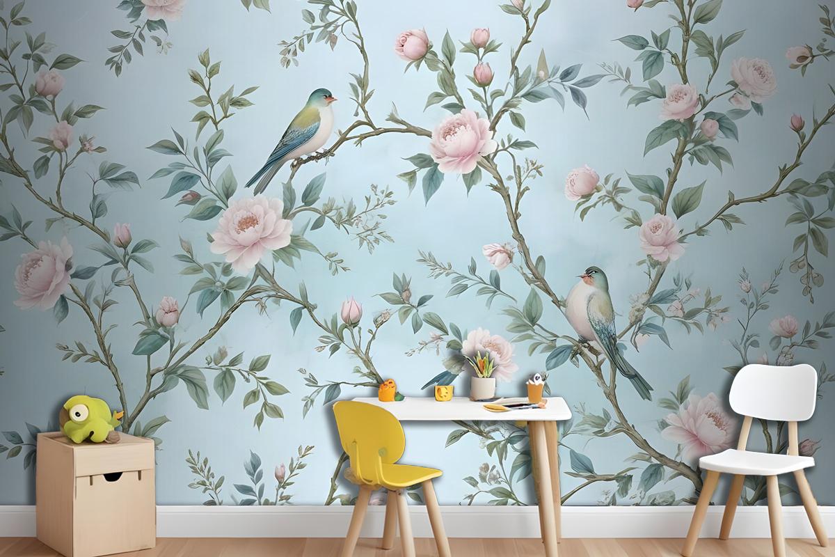 Watercolor Chinoiserie Floral Peony Blossom Wallpaper Mural