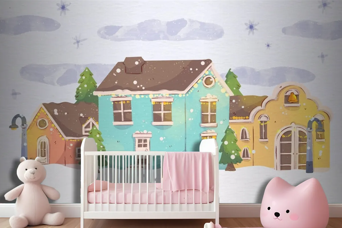 Watercolor Christmas Town Wallpaper Mural