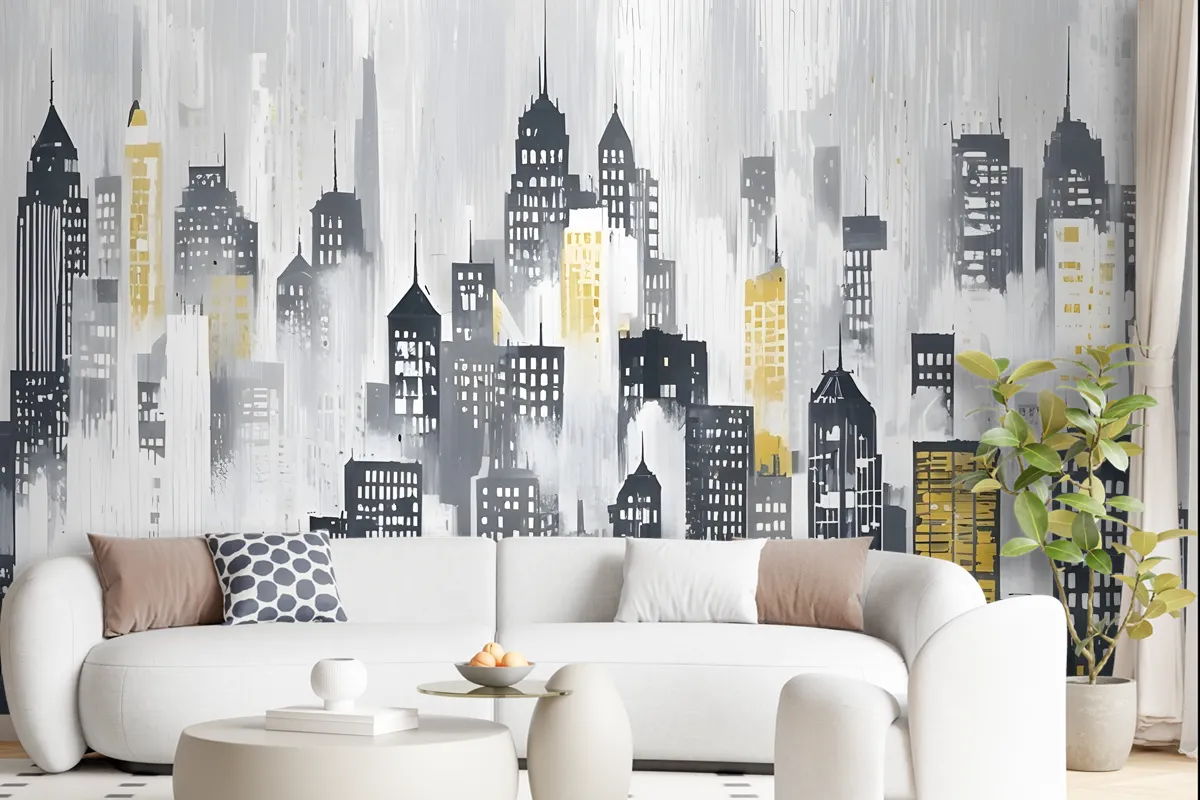 Watercolor City Silhouette Wallpaper Mural