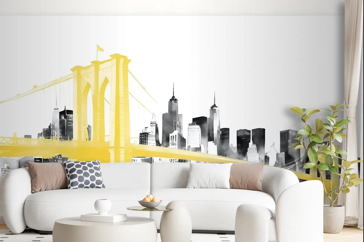 Watercolor City With Brooklyn Bridge Wallpaper Mural