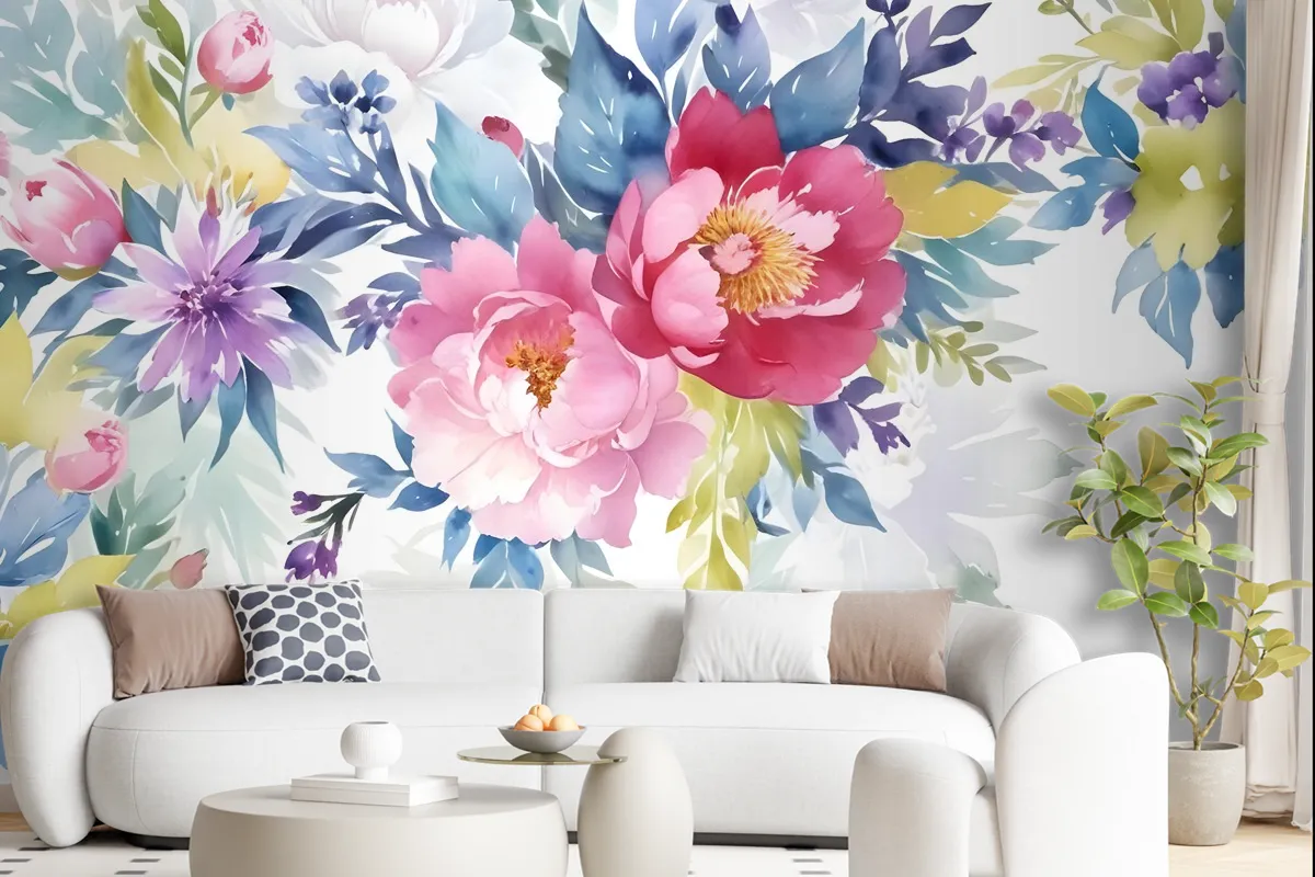 Watercolor Colorful Peony Flowers Wallpaper Mural