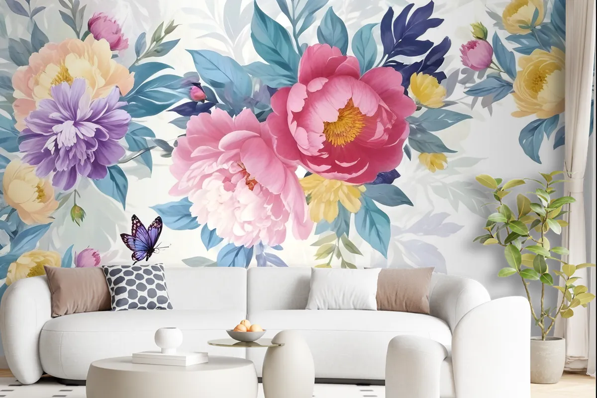 Watercolor Colorful Peony Flowers Wallpaper Mural