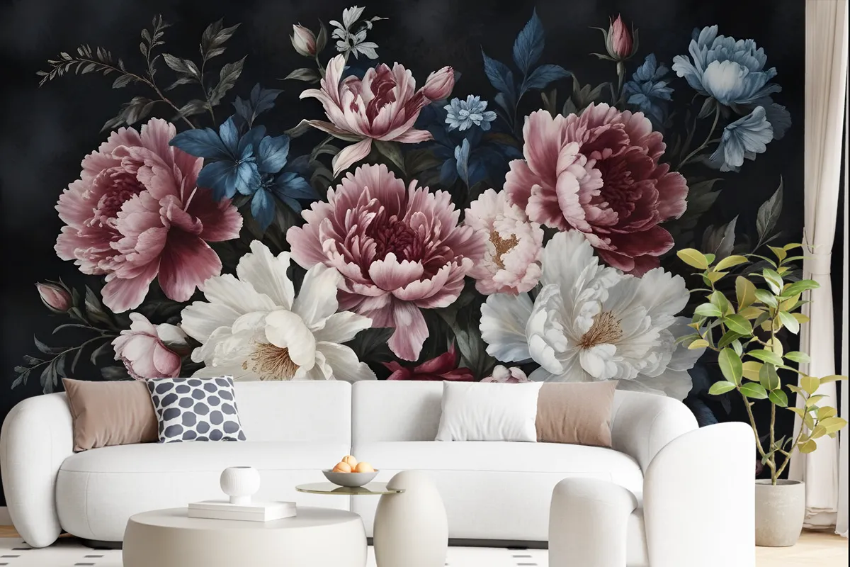 Watercolor Dark Peony Floral Wallpaper Mural