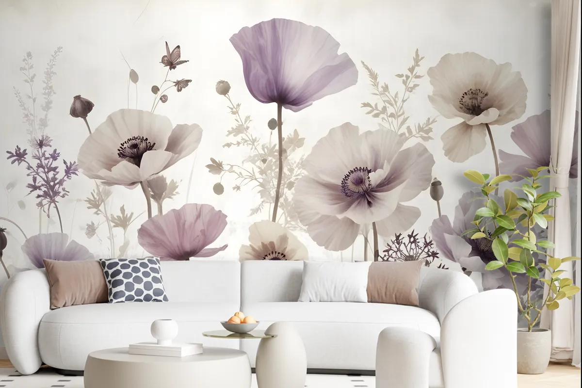 Watercolor Dark Poppy Flowers Wallpaper Mural