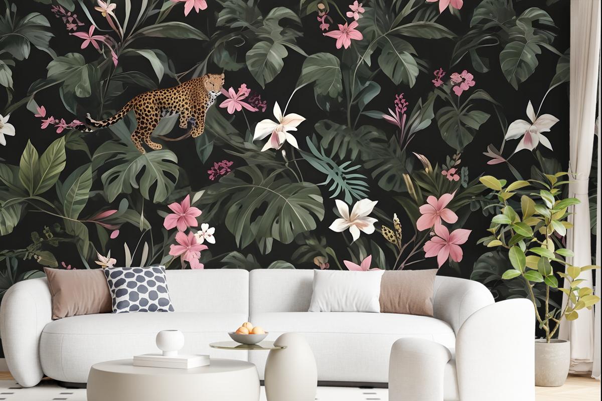 Watercolor Dark Tropical Art With Leopard Wallpaper Mural