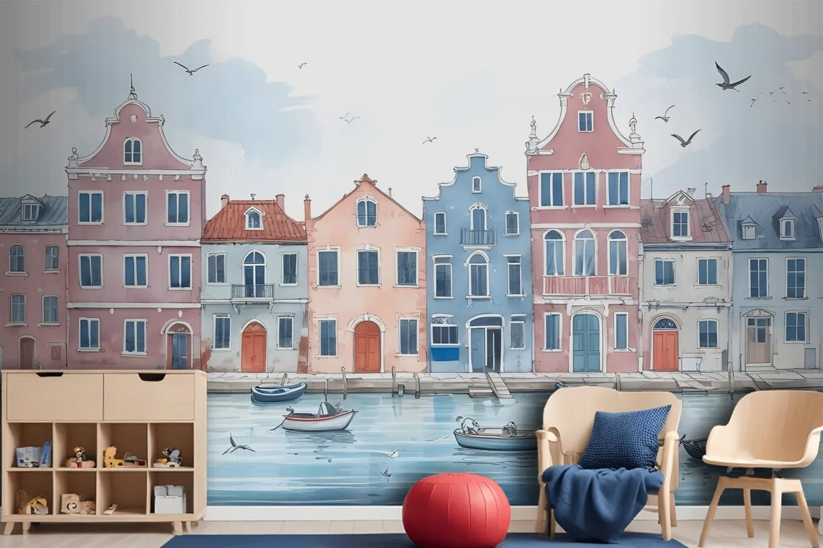 Watercolor Dutch Houses Wallpaper Mural For Kids