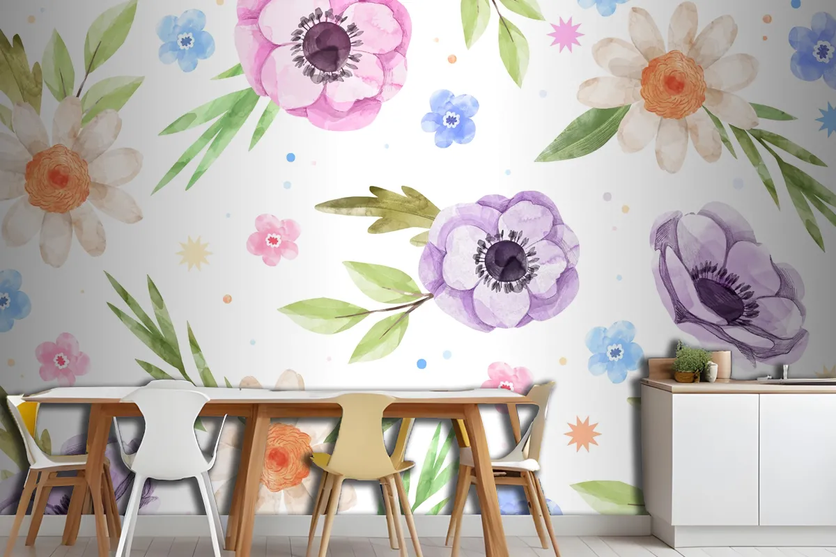 Watercolor Floral Kitchen Wallpaper Mural