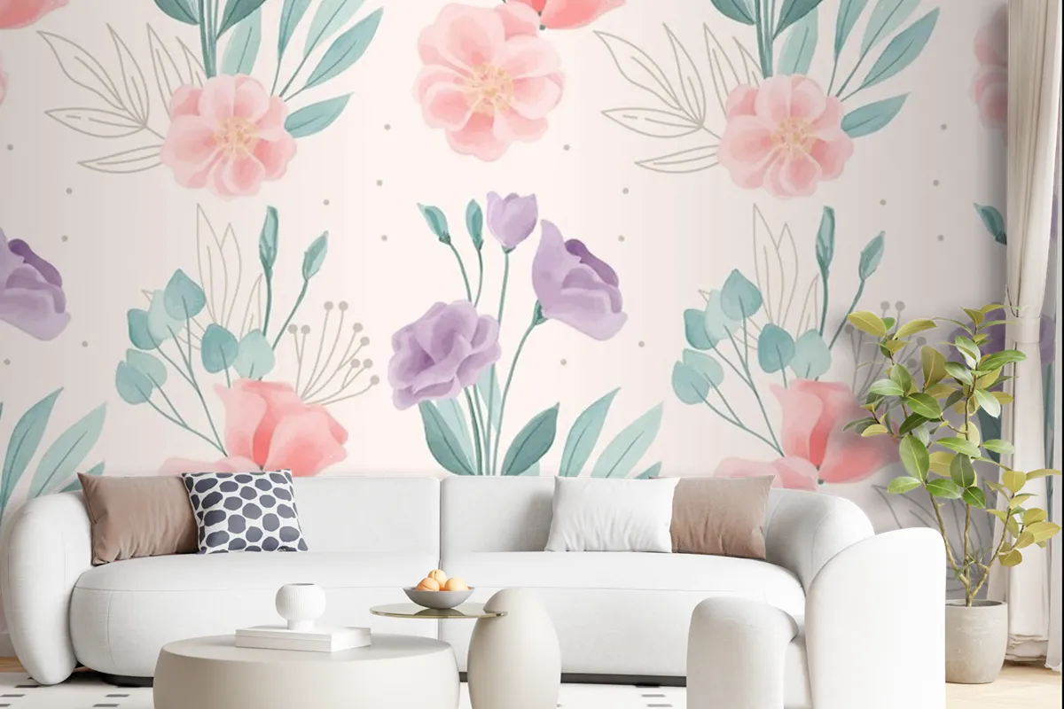 Watercolor Floral Motif Pattern Wallpaper Mural