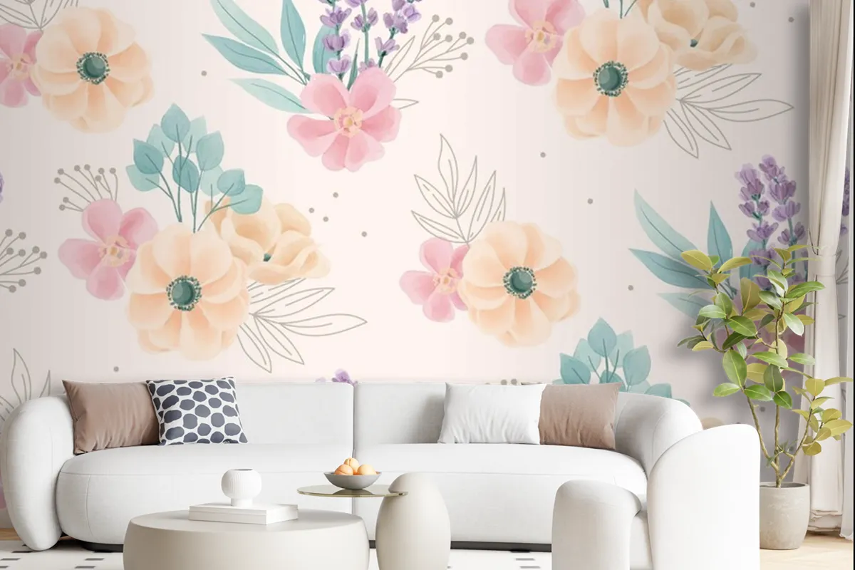 Watercolor Floral Ornaments Pattern Wallpaper Mural