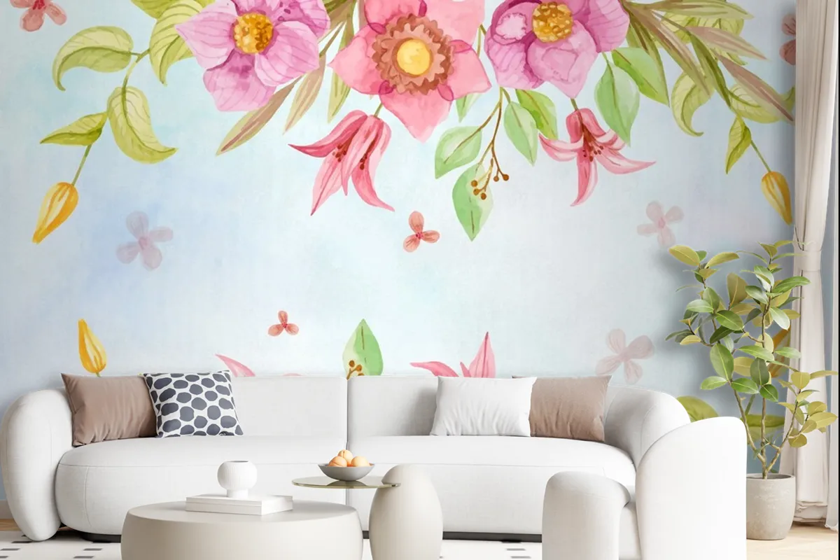 Watercolor Flowers Background In Pastel Colors Wallpaper Mural