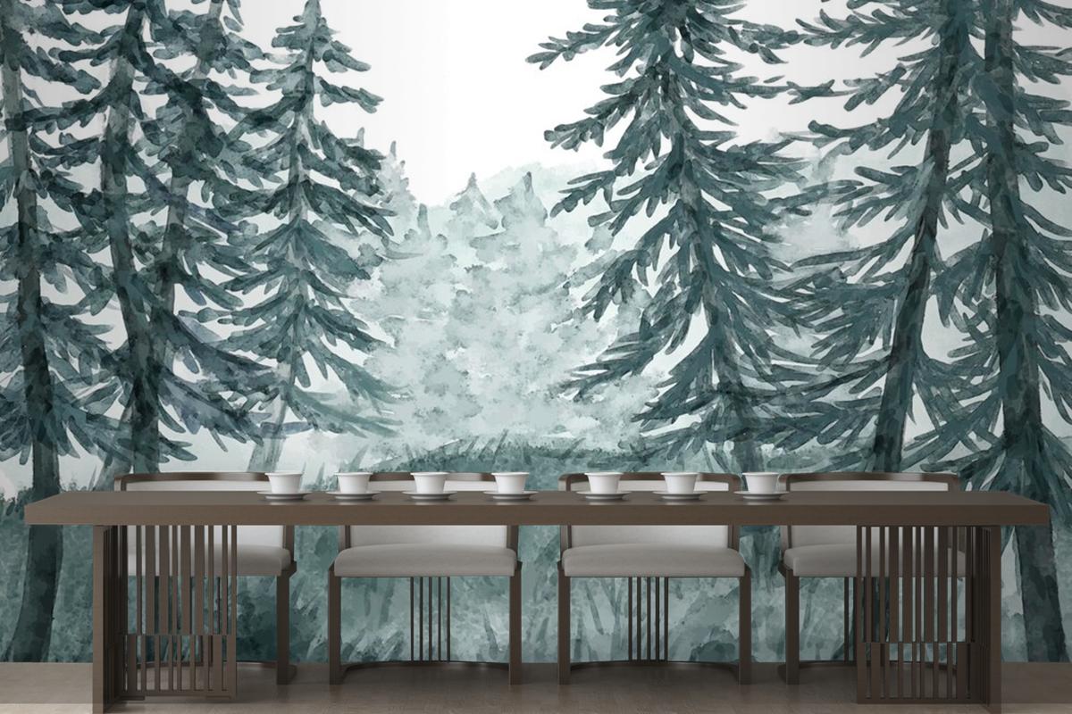 Watercolor Forest Landscape Dining Room Wallpaper Mural