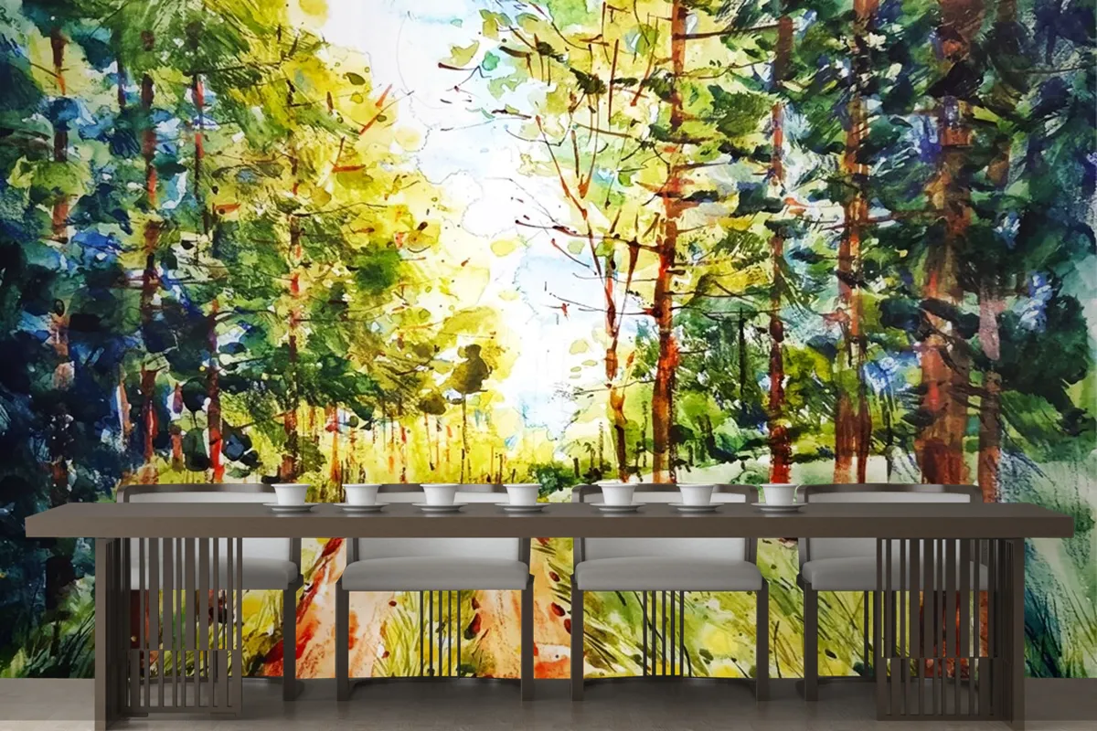 Watercolor Forest Landscape Wallpaper Mural