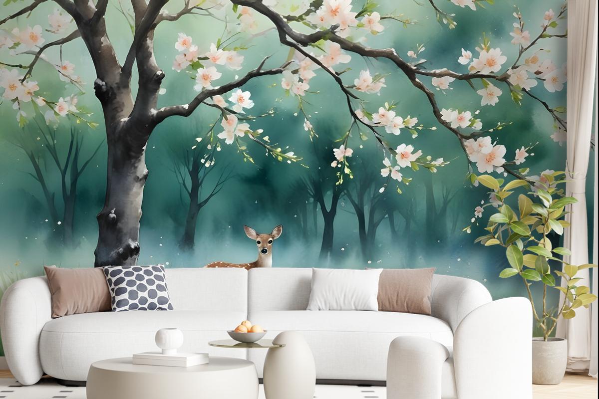 Watercolor Forest With Peach Blossom Wallpaper Mural