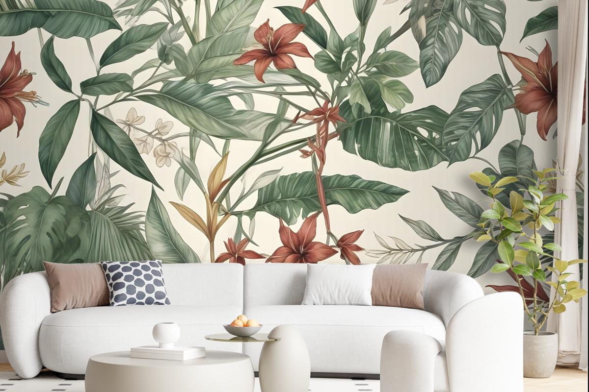 Watercolor Green Tropical Leaves Wallpaper Mural