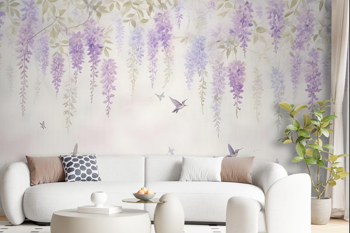 Watercolor Hanging Wisteria Flowers With Hummingbirds Wallpaper Mural