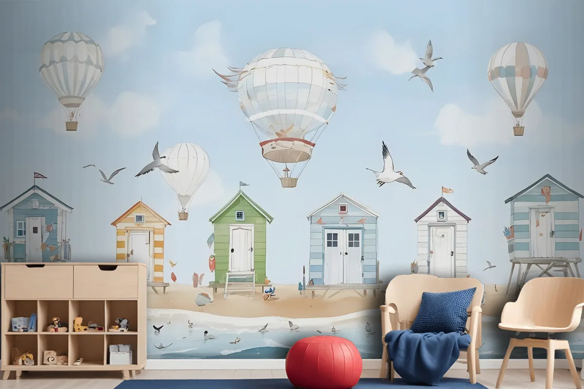 Watercolor Kids Beach House With Hot Air Balloons