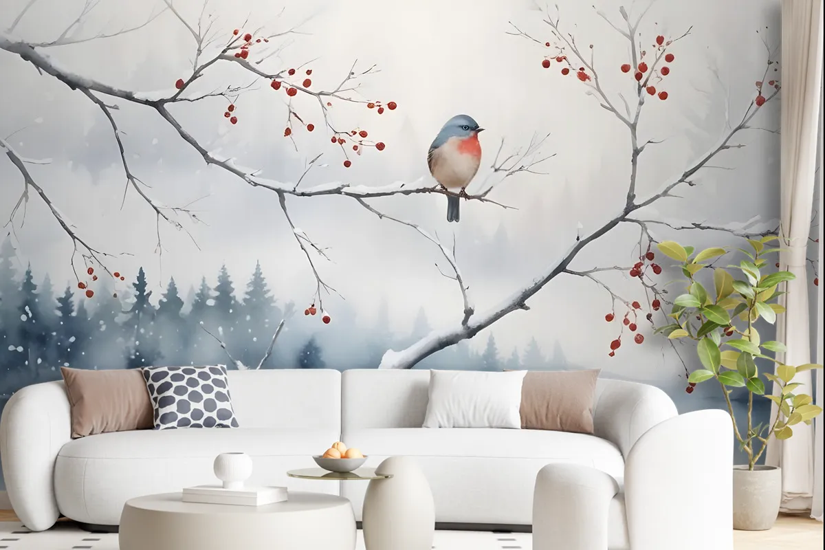 Watercolor Lake Landscape With Birds Wallpaper Mural