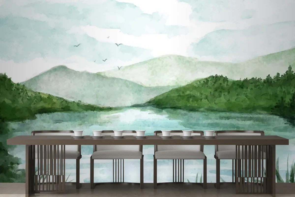 Watercolor Lake Scenery Wallpaper Mural