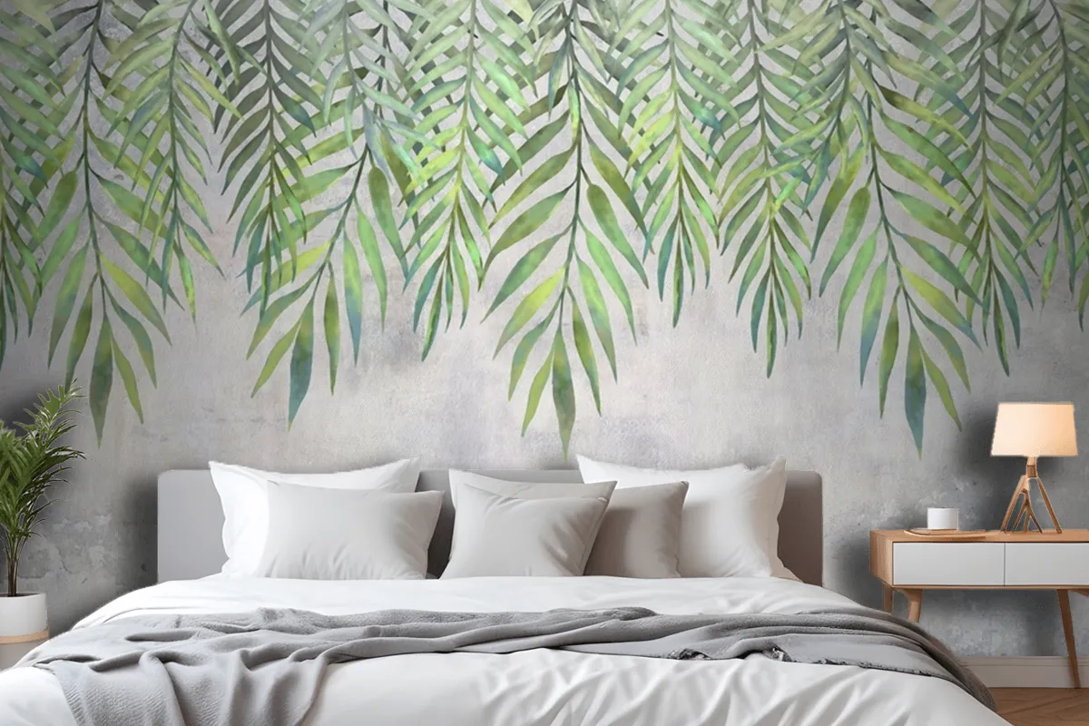 Watercolor Leaves Hanging From Above Wallpaper Mural