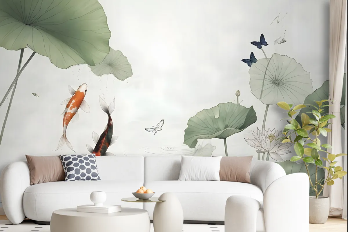 Watercolor Lotus Flower And Butterflies Wallpaper Mural