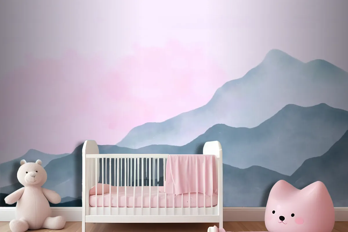 Watercolor Mountains Background With Pink Sky Wallpaper Mural