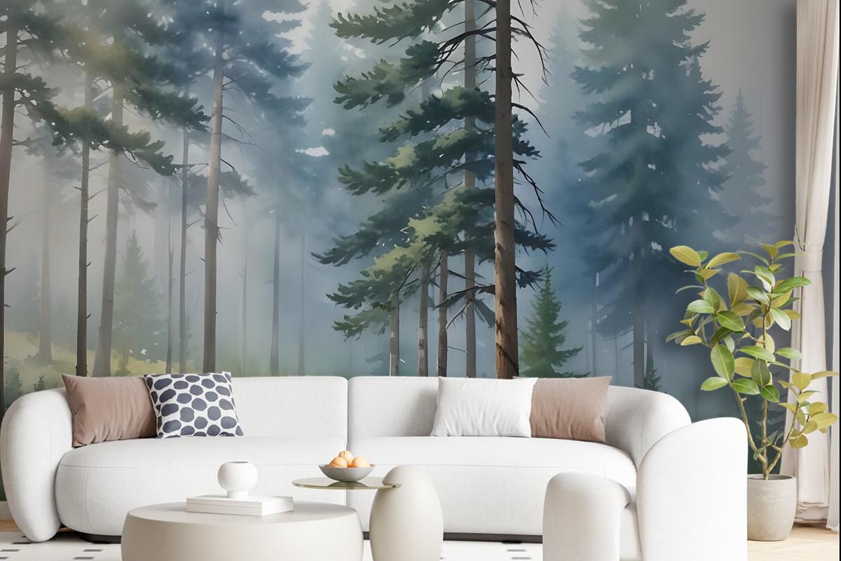 Watercolor Painting Misty Forestscape Wallpaper Mural