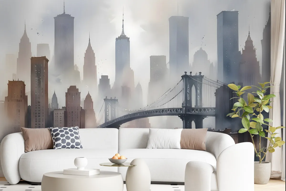 Watercolor Painting New York City Landscape Wallpaper Mural