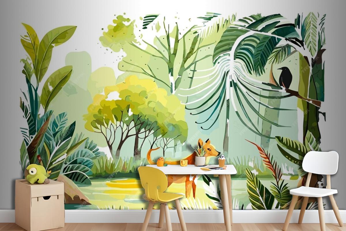 Watercolor Painting Of A Dog And A Bird In A Jungle Wallpaper Mural